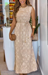 1087 - Vestido Linho Regata Bordado Com Cinto De Amarraçao