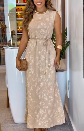 1087 - Vestido Linho Regata Bordado Com Cinto De Amarraçao