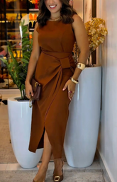 1076 - Vestido Feminino Alfaiataria Midi com Amarração Lateral e Zíper nas Costas