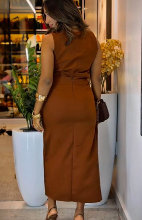 1076 - Vestido Feminino Alfaiataria Midi com Amarração Lateral e Zíper nas Costas